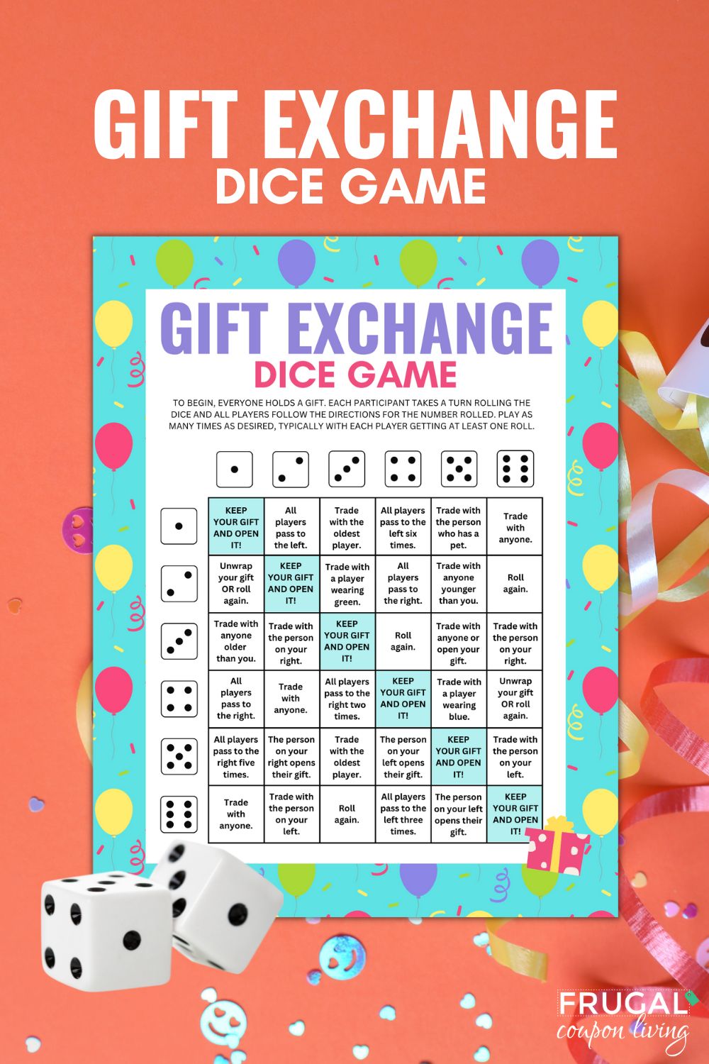 Super Fun Printable Gift Exchange Game with Two Dice - All Occasions! – Frugal Coupon Living for Gift Exchange Dice Game Free Printable Pdf